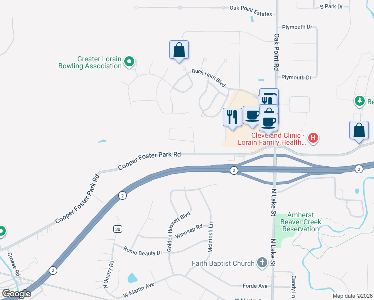 map of restaurants, bars, coffee shops, grocery stores, and more near 47840 Cooper Foster Park Road in Amherst