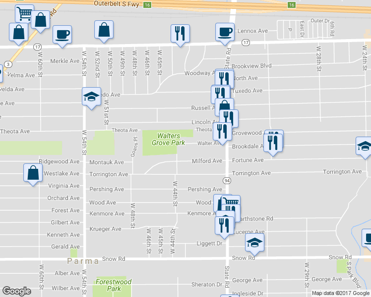 map of restaurants, bars, coffee shops, grocery stores, and more near 4215 Walter Avenue in Parma