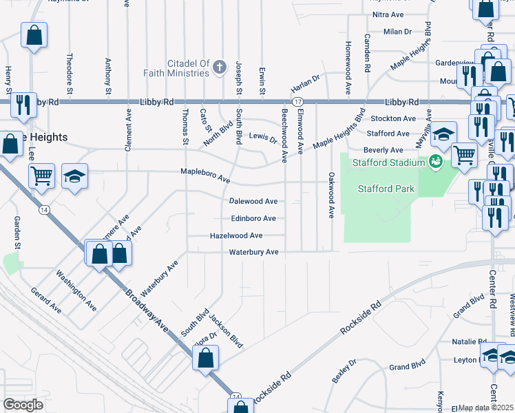 map of restaurants, bars, coffee shops, grocery stores, and more near 18216 Dalewood Avenue in Maple Heights