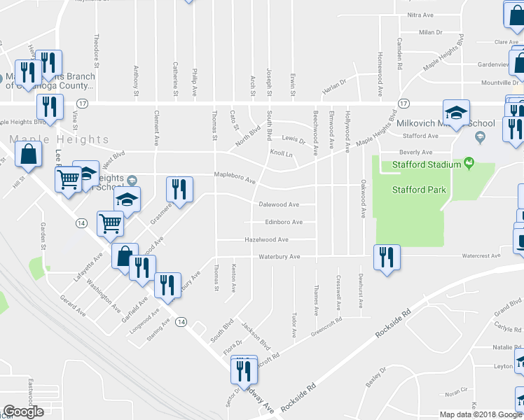 map of restaurants, bars, coffee shops, grocery stores, and more near 18100 Dalewood Avenue in Maple Heights