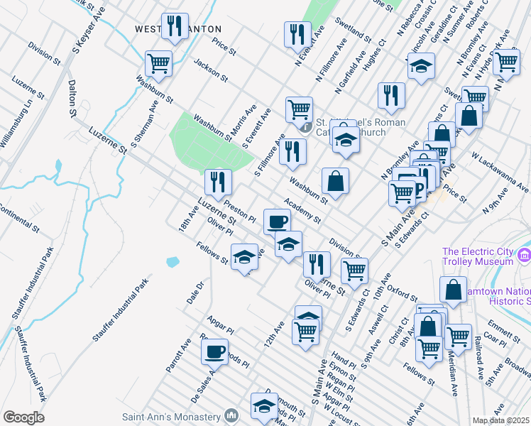 map of restaurants, bars, coffee shops, grocery stores, and more near 322R 15th Avenue in Scranton