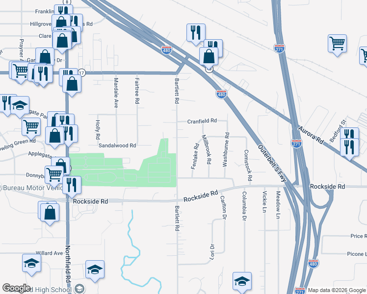 map of restaurants, bars, coffee shops, grocery stores, and more near 5437 Bartlett Road in Bedford Heights