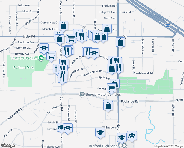 map of restaurants, bars, coffee shops, grocery stores, and more near 20686 Bowling Green Road in Maple Heights