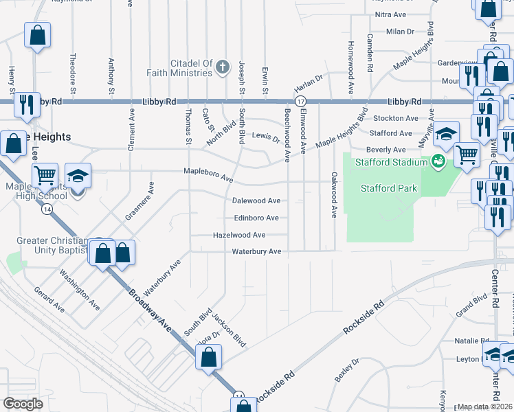map of restaurants, bars, coffee shops, grocery stores, and more near 18216 Dalewood Avenue in Maple Heights
