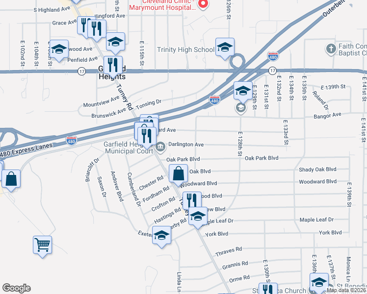 map of restaurants, bars, coffee shops, grocery stores, and more near 12016 Darlington Avenue in Garfield Heights