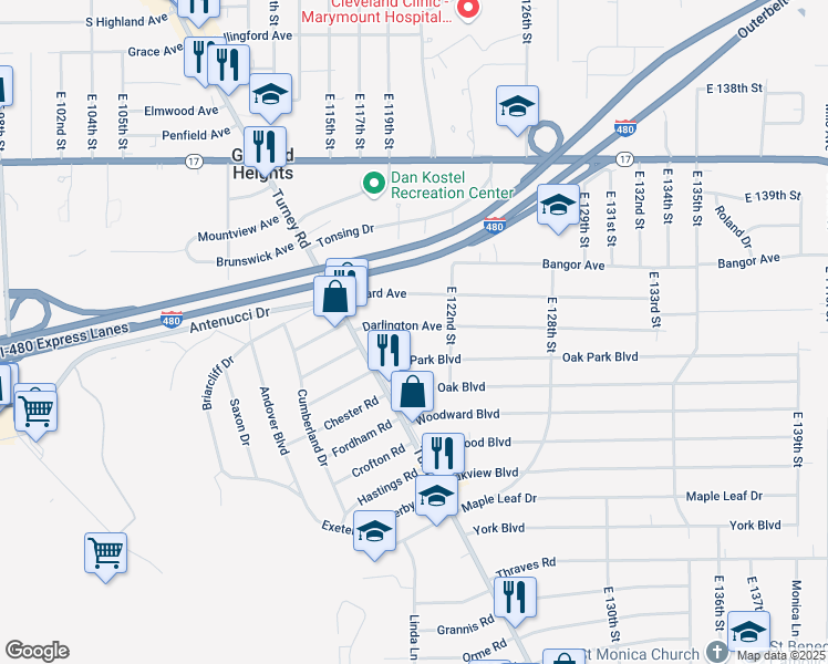 map of restaurants, bars, coffee shops, grocery stores, and more near 12016 Darlington Avenue in Garfield Heights