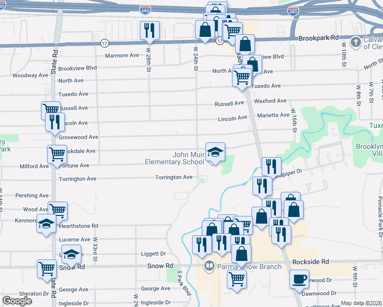 map of restaurants, bars, coffee shops, grocery stores, and more near 2415 Brookdale Avenue in Parma