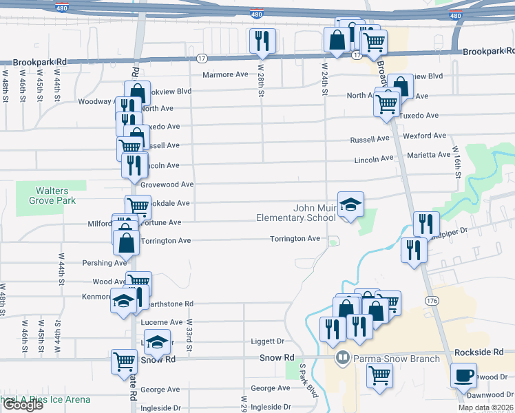 map of restaurants, bars, coffee shops, grocery stores, and more near 2715 Brookdale Avenue in Parma
