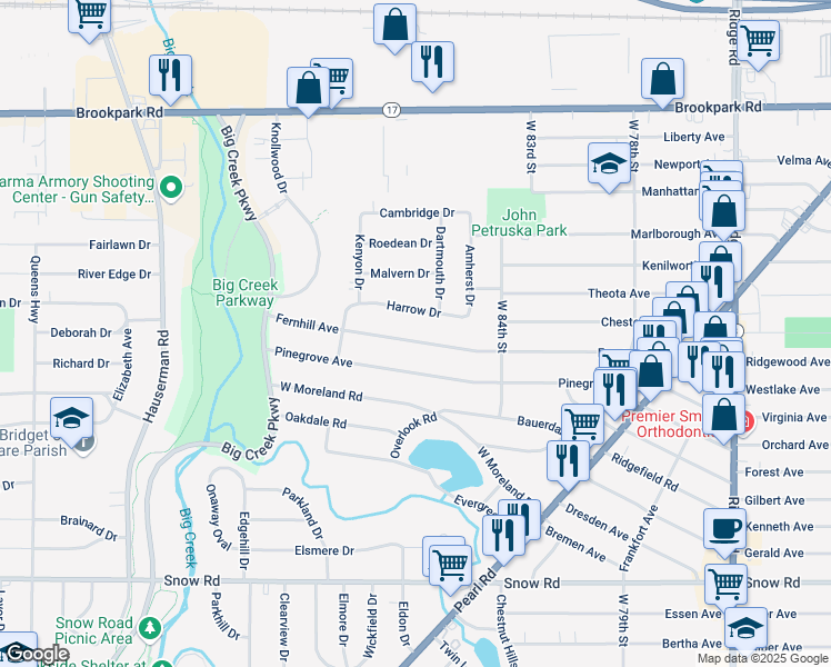 map of restaurants, bars, coffee shops, grocery stores, and more near 9004 Fernhill Avenue in Parma