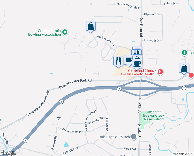 map of restaurants, bars, coffee shops, grocery stores, and more near 47840 Cooper Foster Park Road in Amherst