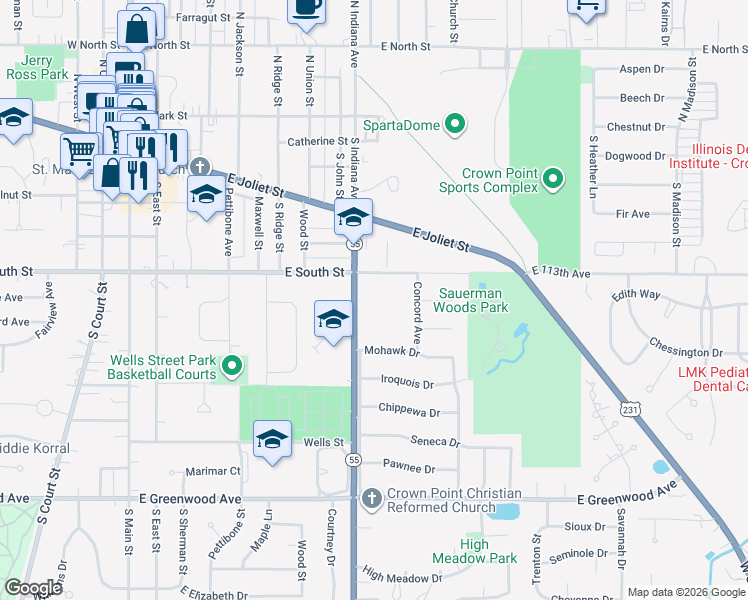 map of restaurants, bars, coffee shops, grocery stores, and more near 908 Heritage Court in Crown Point