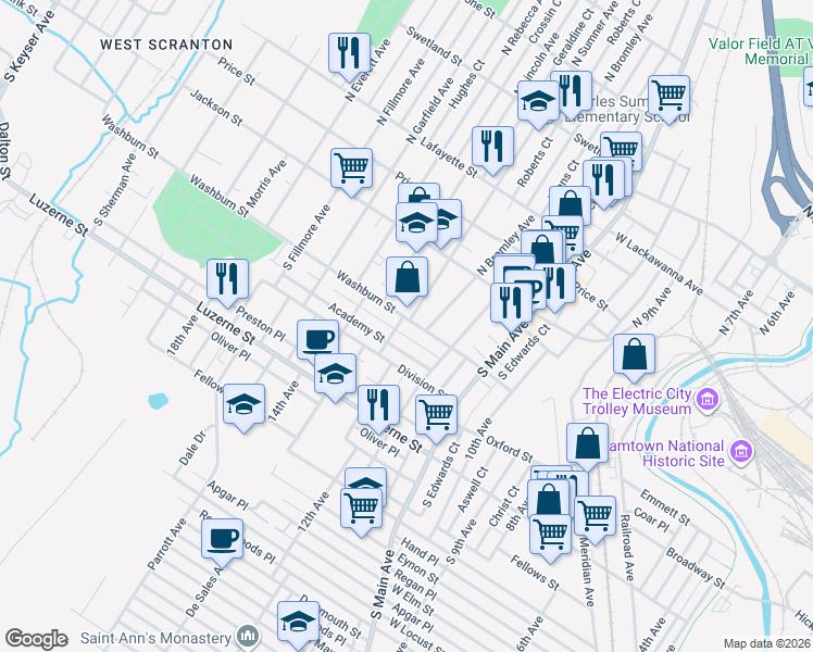 map of restaurants, bars, coffee shops, grocery stores, and more near 209 South Sumner Avenue in Scranton