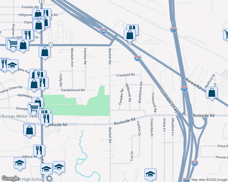 map of restaurants, bars, coffee shops, grocery stores, and more near 5437 Bartlett Rd in Bedford Heights
