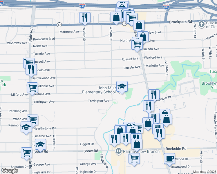 map of restaurants, bars, coffee shops, grocery stores, and more near 2415 Brookdale Avenue in Parma