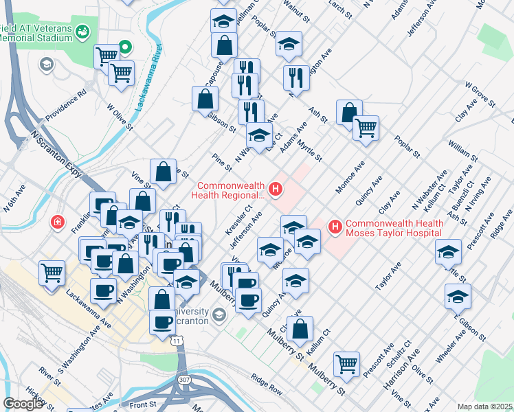 map of restaurants, bars, coffee shops, grocery stores, and more near 633 Jefferson Ave in Scranton