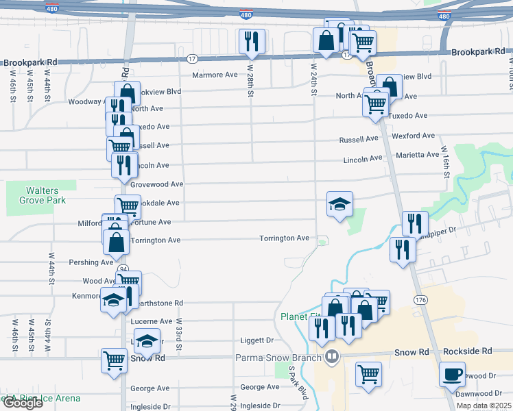 map of restaurants, bars, coffee shops, grocery stores, and more near 2715 Brookdale Avenue in Parma