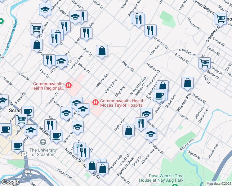 map of restaurants, bars, coffee shops, grocery stores, and more near 901 Clay Avenue in Scranton