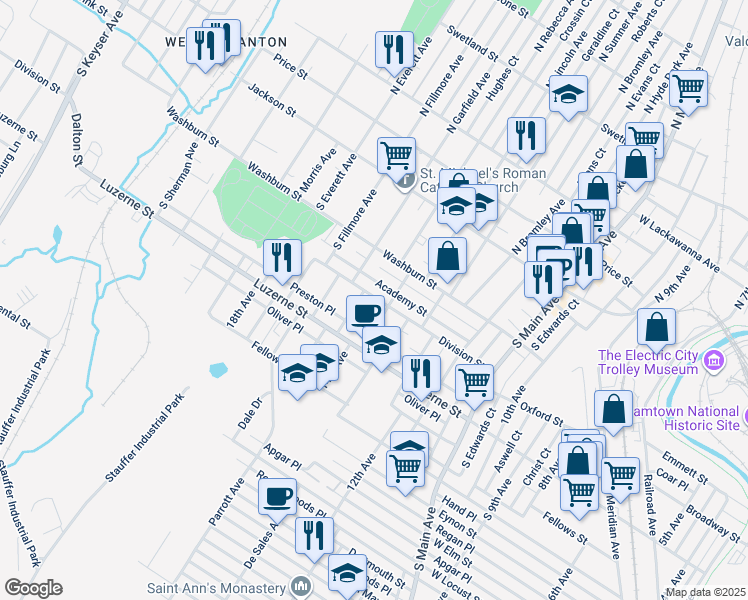 map of restaurants, bars, coffee shops, grocery stores, and more near 1417 Division Street in Scranton