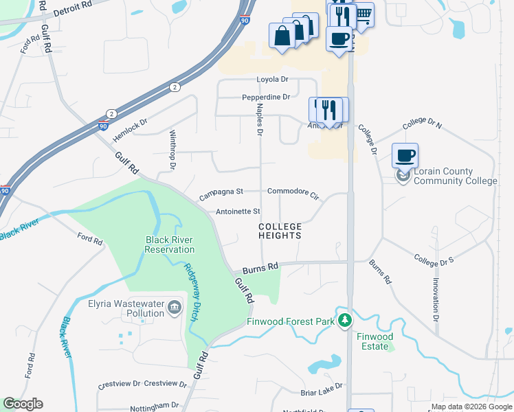 map of restaurants, bars, coffee shops, grocery stores, and more near 152 Antoinette Street in Elyria
