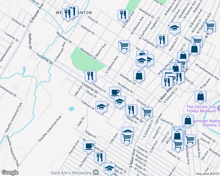 map of restaurants, bars, coffee shops, grocery stores, and more near 322R 15th Avenue in Scranton