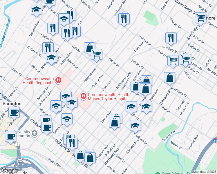 map of restaurants, bars, coffee shops, grocery stores, and more near 914 Clay Avenue in Scranton