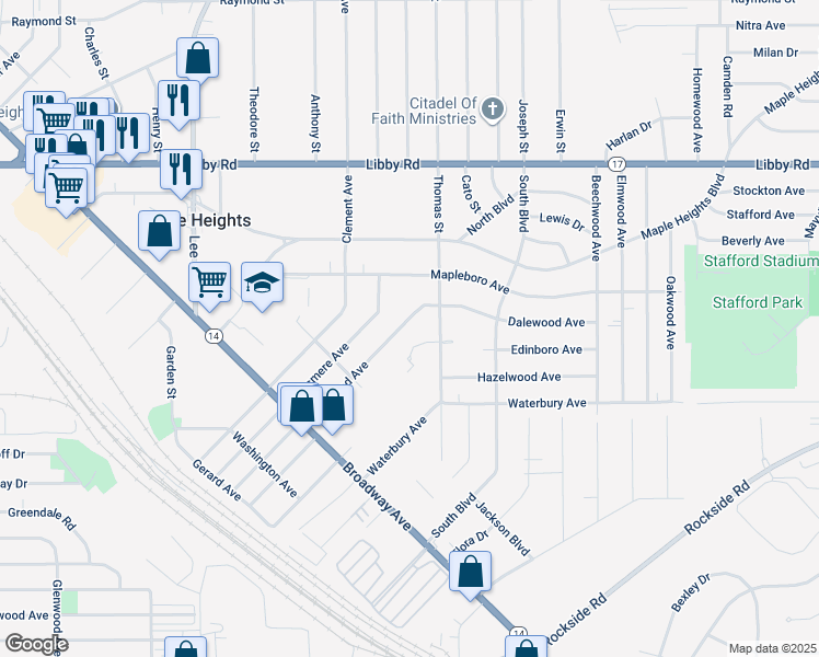 map of restaurants, bars, coffee shops, grocery stores, and more near 5469 Dalewood Avenue in Maple Heights
