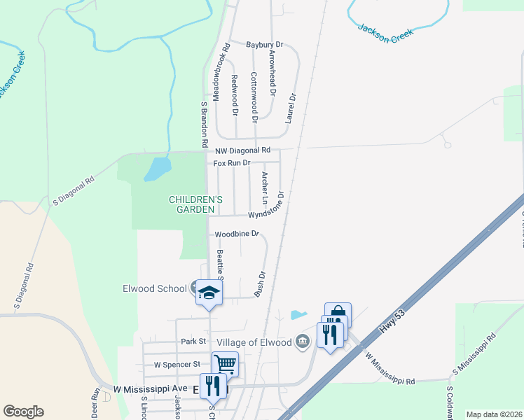 map of restaurants, bars, coffee shops, grocery stores, and more near 801 Archer Lane in Elwood
