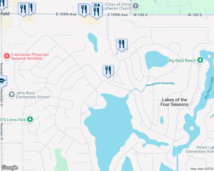map of restaurants, bars, coffee shops, grocery stores, and more near 2553 East Lakeshore Drive in Crown Point