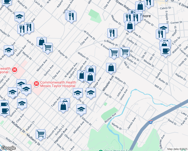 map of restaurants, bars, coffee shops, grocery stores, and more near 1049 Prescott Avenue in Scranton