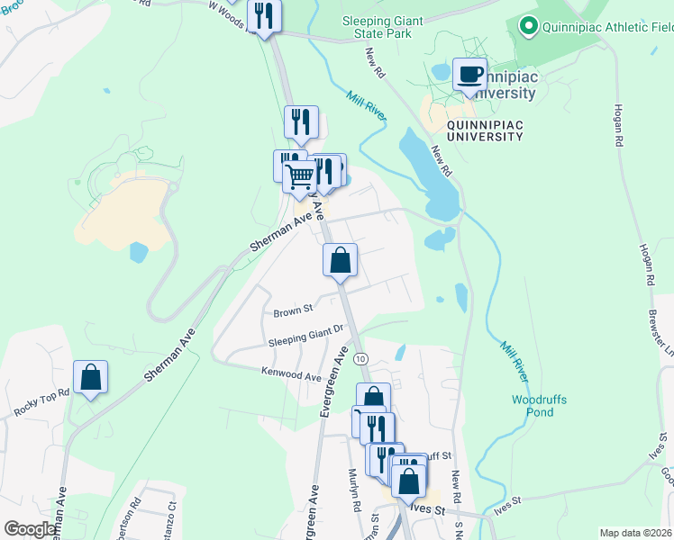 map of restaurants, bars, coffee shops, grocery stores, and more near 3222 Whitney Avenue in Hamden