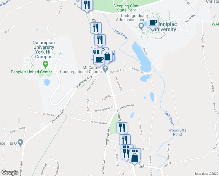 map of restaurants, bars, coffee shops, grocery stores, and more near 3222 Whitney Avenue in Hamden