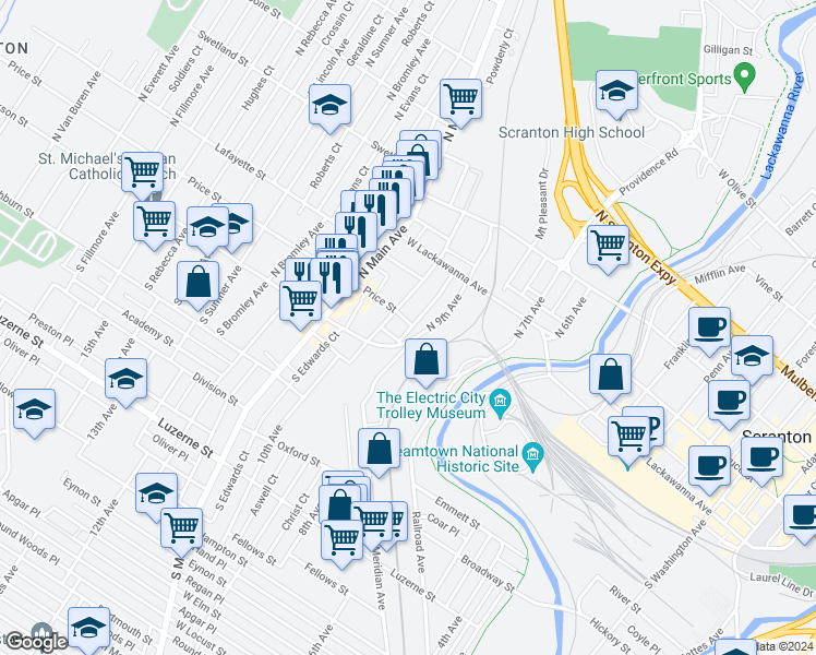 map of restaurants, bars, coffee shops, grocery stores, and more near 901 Price Street in Scranton