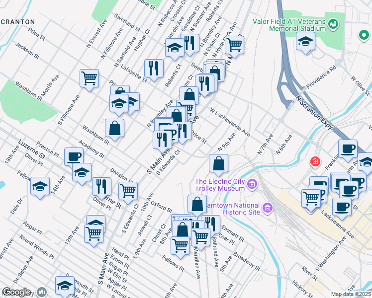 map of restaurants, bars, coffee shops, grocery stores, and more near 1024 Jackson Street in Scranton