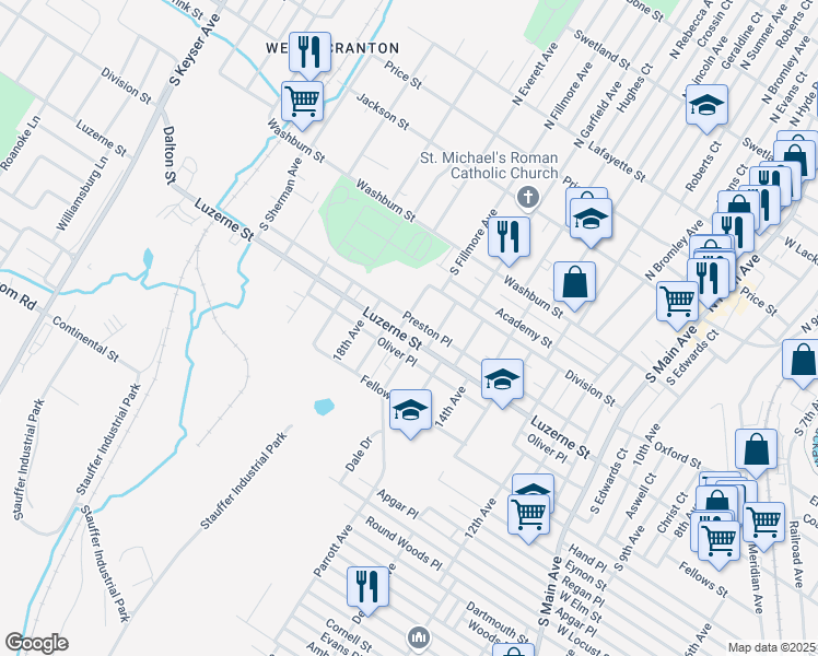 map of restaurants, bars, coffee shops, grocery stores, and more near 1614 Luzerne St in Scranton