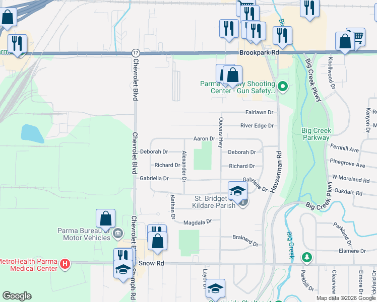 map of restaurants, bars, coffee shops, grocery stores, and more near 11249 Deborah Drive in Parma