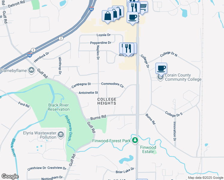 map of restaurants, bars, coffee shops, grocery stores, and more near 180 College Park Drive in Elyria