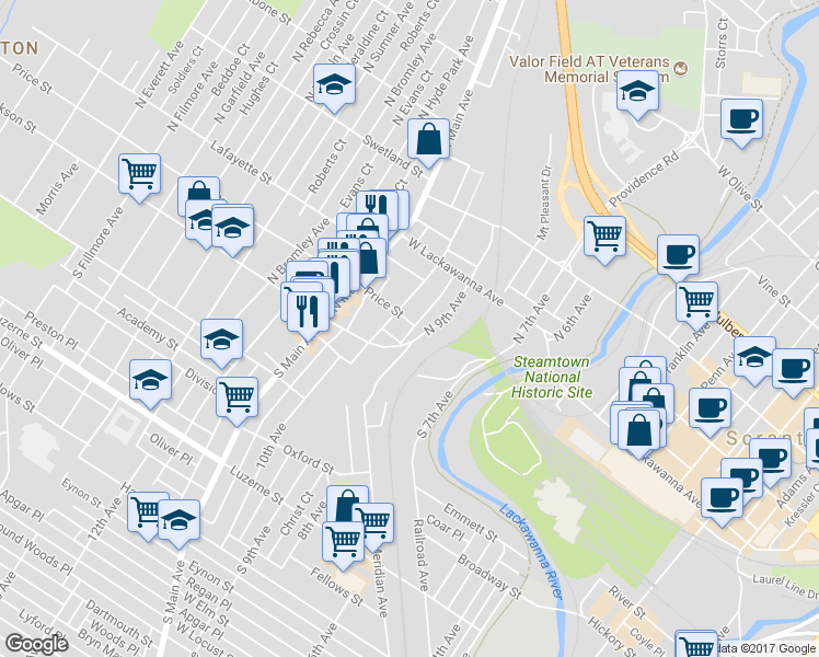 map of restaurants, bars, coffee shops, grocery stores, and more near 901 Price Street in Scranton