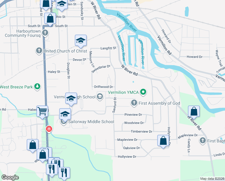 map of restaurants, bars, coffee shops, grocery stores, and more near 1200 Sanford Street in Vermilion