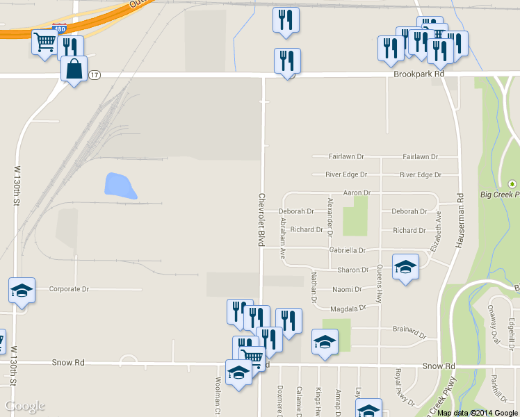 map of restaurants, bars, coffee shops, grocery stores, and more near 5550 Chevrolet Boulevard in Parma