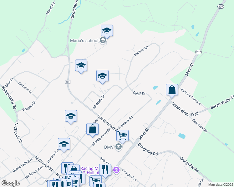 map of restaurants, bars, coffee shops, grocery stores, and more near 185 Murray Avenue in Goshen