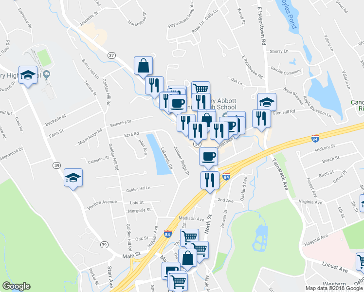 map of restaurants, bars, coffee shops, grocery stores, and more near 8 Padanaram Road in Danbury