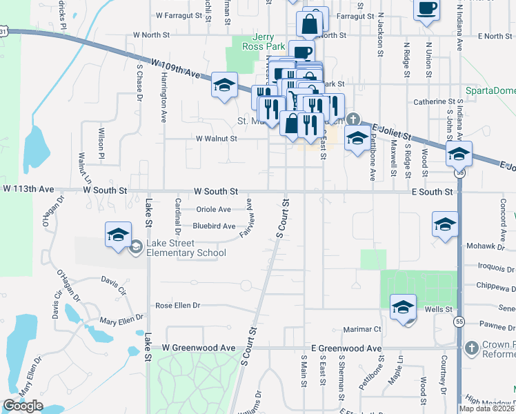 map of restaurants, bars, coffee shops, grocery stores, and more near 407 Fairview Avenue in Crown Point