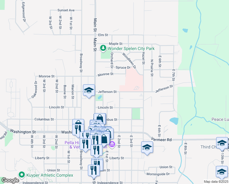 map of restaurants, bars, coffee shops, grocery stores, and more near 511 Jefferson Street in Pella