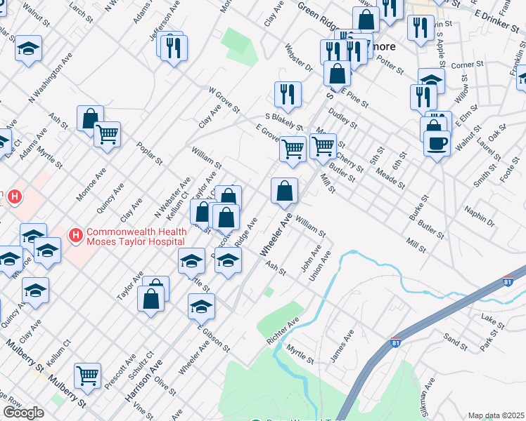 map of restaurants, bars, coffee shops, grocery stores, and more near 818 2nd Street in Dunmore