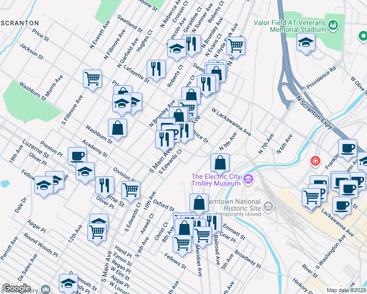 map of restaurants, bars, coffee shops, grocery stores, and more near 1024 Jackson Street in Scranton