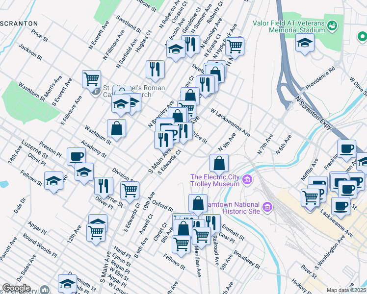 map of restaurants, bars, coffee shops, grocery stores, and more near 1024 Jackson St in Scranton