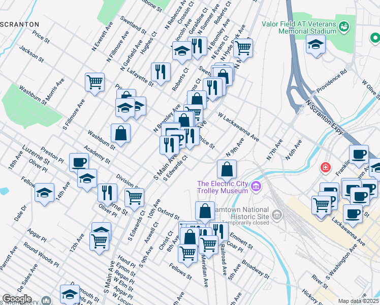 map of restaurants, bars, coffee shops, grocery stores, and more near 1024 Jackson Street in Scranton
