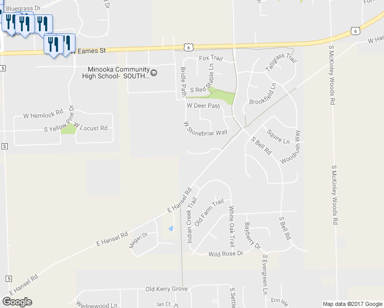 map of restaurants, bars, coffee shops, grocery stores, and more near 26533 West Old Stage Lane in Channahon