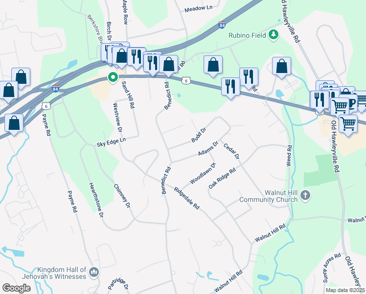 map of restaurants, bars, coffee shops, grocery stores, and more near 7 Budd Drive in Bethel