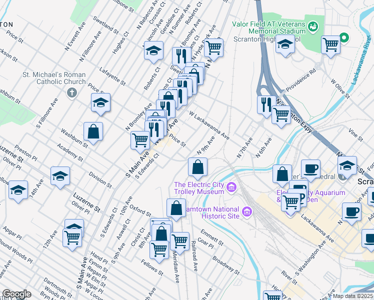 map of restaurants, bars, coffee shops, grocery stores, and more near 911 Price Street in Scranton